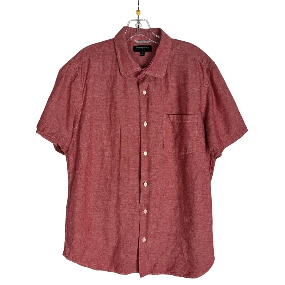 Banana Republic mens Red short sleeve linen‎ slim fit button Front shirt Size L